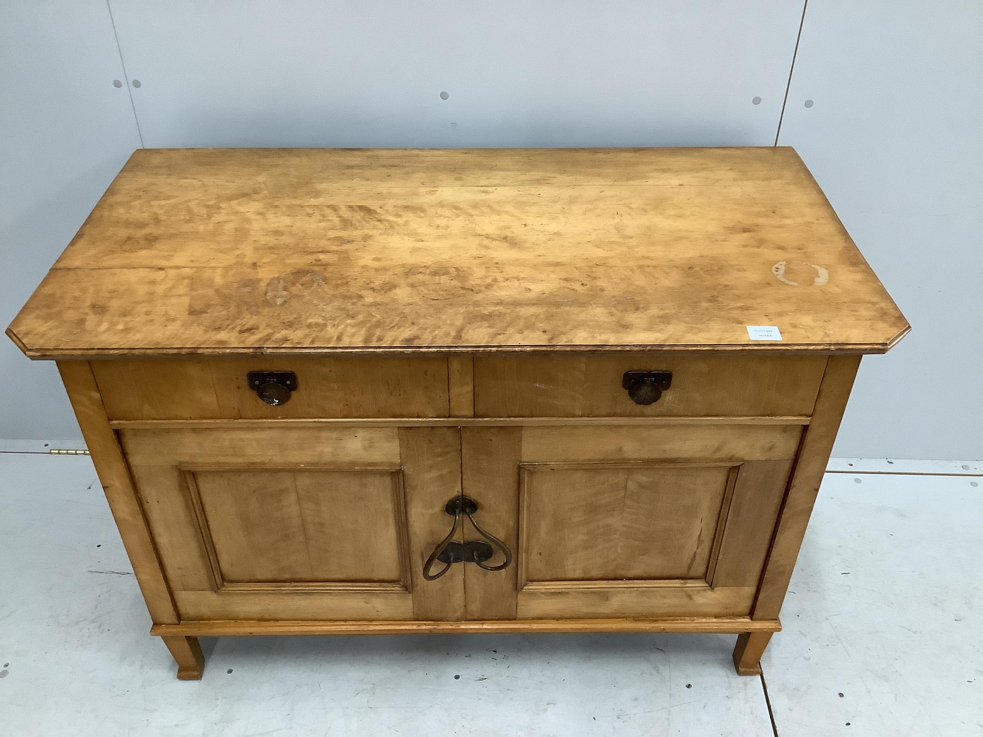 A Swedish Arts and Crafts birch commode, width 120cm, depth 61cm, height 83cm. Condition - fair